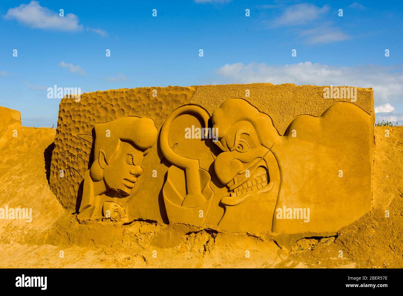 the Sand Sculpture Festival, Sandcastles of Peter Pant on the beach of Ostend, on the beach of Ostend, Belgium Stock Photo
