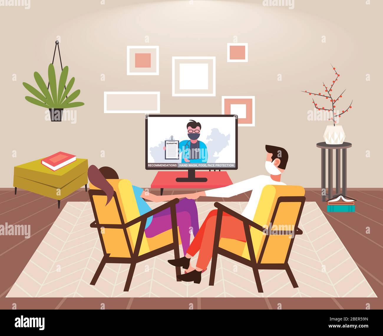 couple sitting at home on self-isolation man woman in masks watching tv on coronavirus quarantine protection healthcare concept living room interior vector illustration Stock Vector