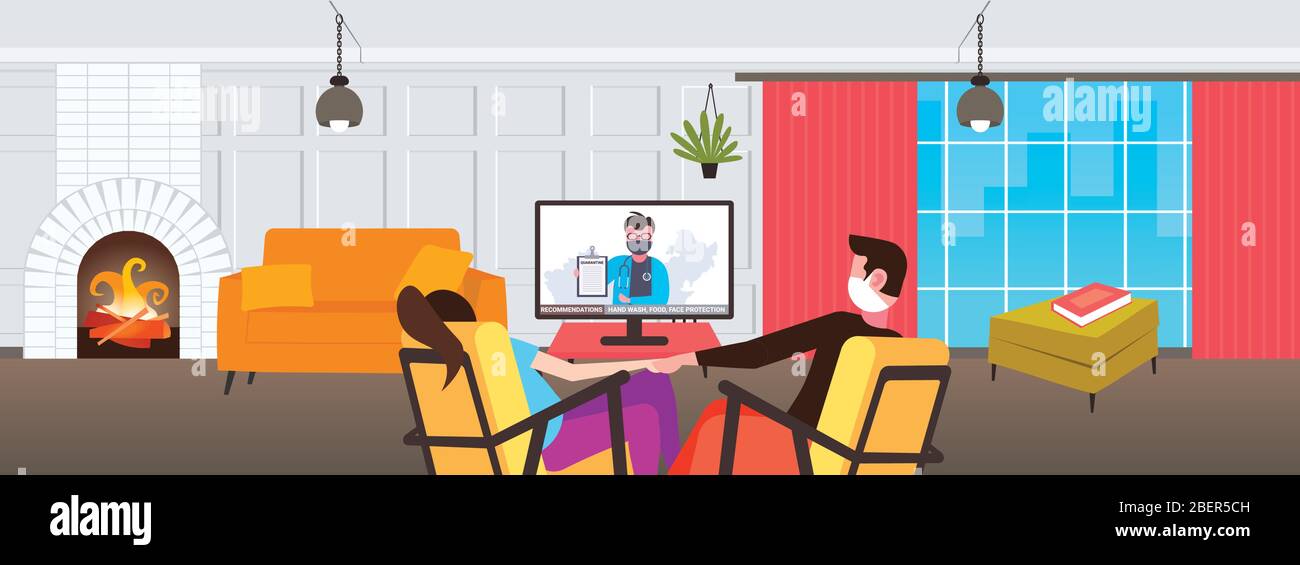 couple sitting at home on self-isolation man woman in masks watching tv on coronavirus quarantine protection healthcare concept living room interior horizontal vector illustration Stock Vector
