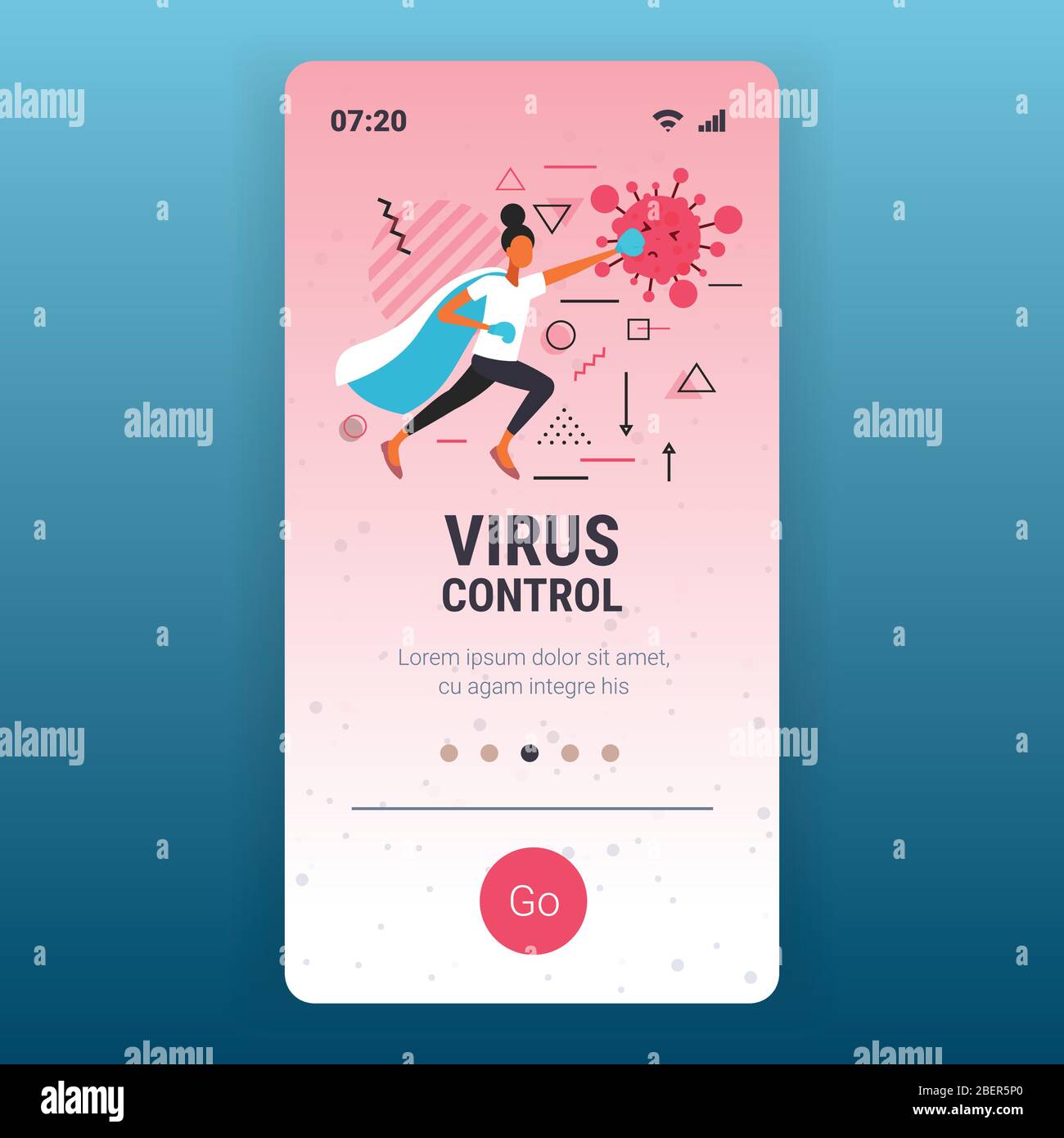 woman in hero cape and gloves fighting against coronavirus covid-19 virus control concept smartphone screen mobile app copy space full length vector illustration Stock Vector