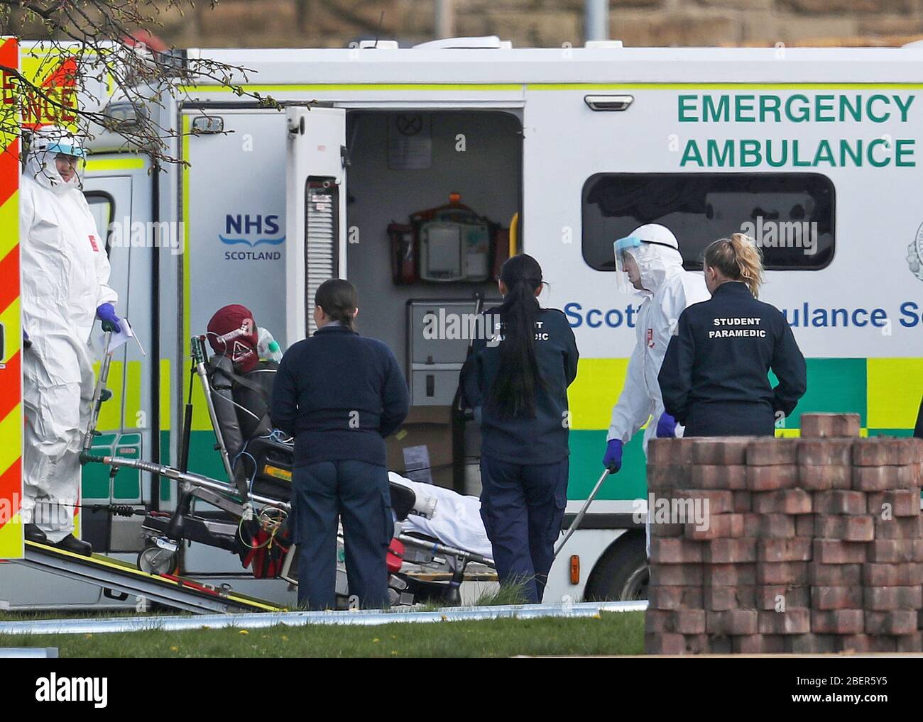 Student paramedics during a training exercise at the Louisa Jordan Hospital in Glasgow as the UK continues in lockdown to help curb the spread of the coronavirus. Stock Photo