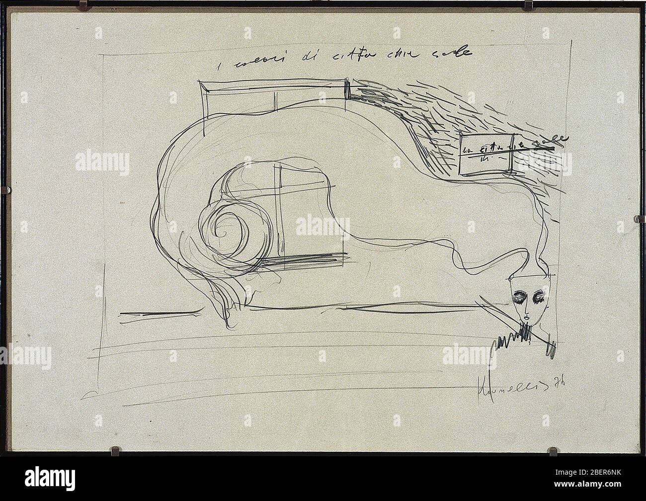 Sketch drawing (I colori di città che sale) of Jannis Kounellis at CAMUSAC Museum Contemporary Art Cassino, Italy Stock Photo