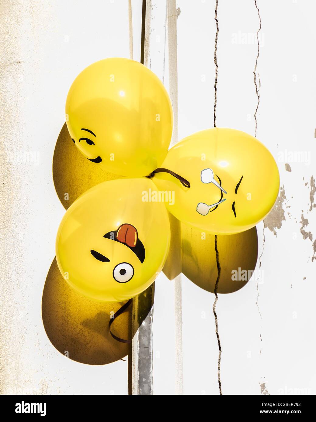 Fun, yellow emoji balloons bunched together in the sun for a street party in Senigallia, Le Marche, Italy Stock Photo