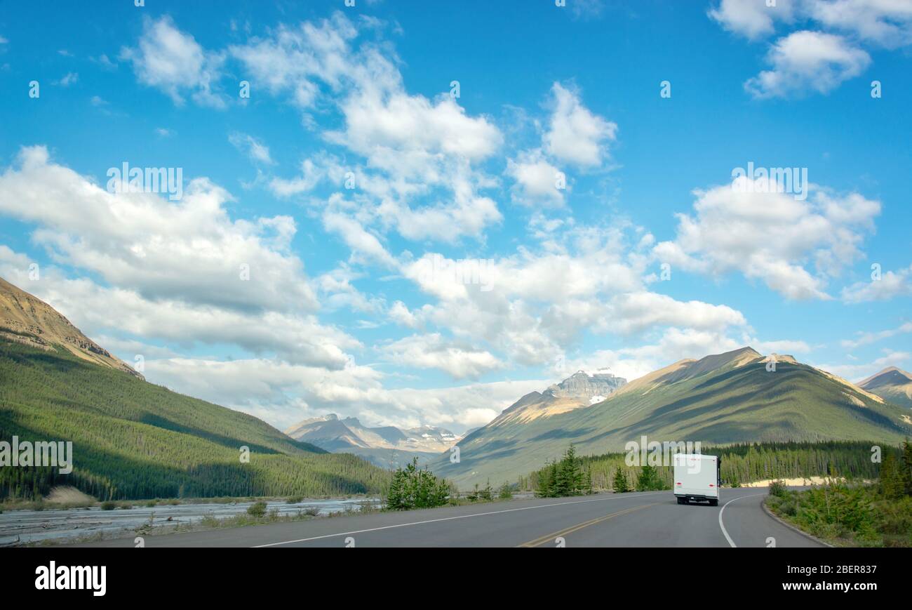 Driving on the Icefields Parkway between Banff and Jasper in the Canadian Rockies, Alberta, Canada Stock Photo