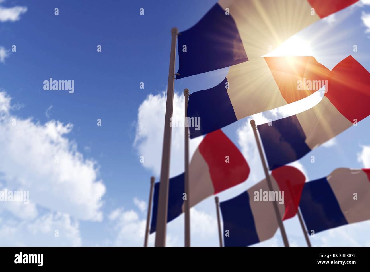 France flags waving in the wind against a blue sky. 3D Rendering Stock ...