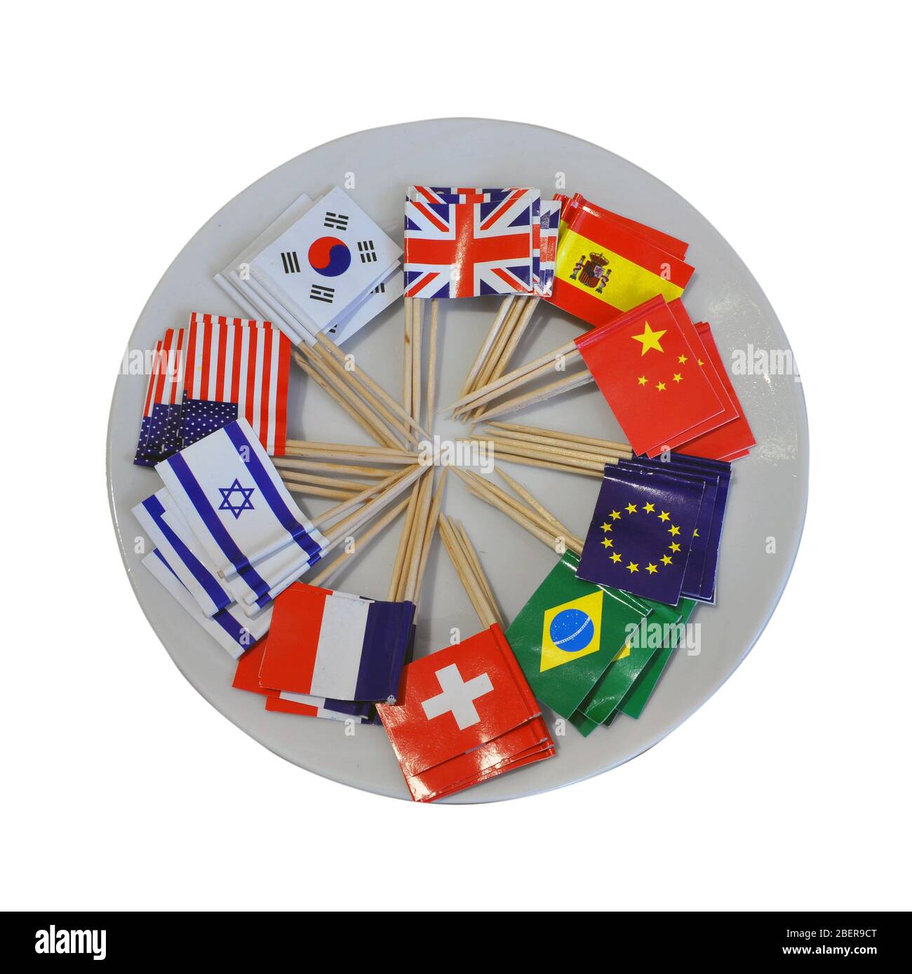 Flags of various states on a white plate. Isolated Stock Photo