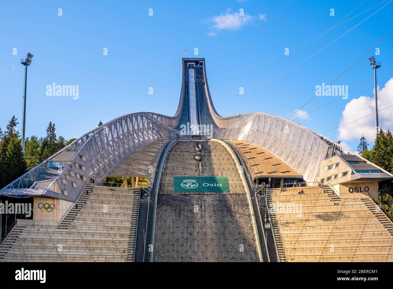 Oslo, Ostlandet / Norway - 2019/09/02: Holmenkollen ski jumping hill - Holmenkollbakken - Olympic size ski jump after 2010 reconstruction Stock Photo