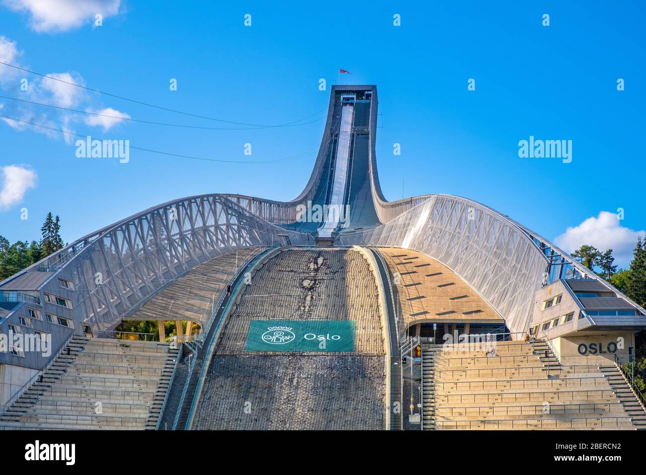 Oslo, Ostlandet / Norway - 2019/09/02: Holmenkollen ski jumping hill - Holmenkollbakken - Olympic size ski jump after 2010 reconstruction Stock Photo