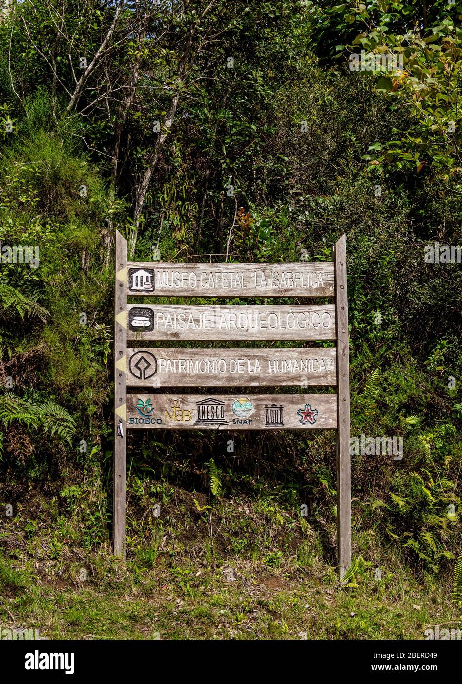 Sign at Cafetal La Isabelica, UNESCO World Heritage Site, La Gran Piedra, Santiago de Cuba Province, Cuba Stock Photo