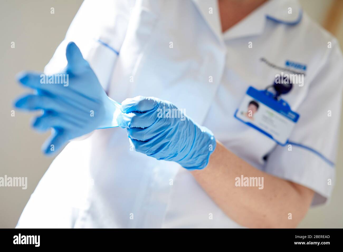 Nurse putting on vinyl gloves Stock Photo
