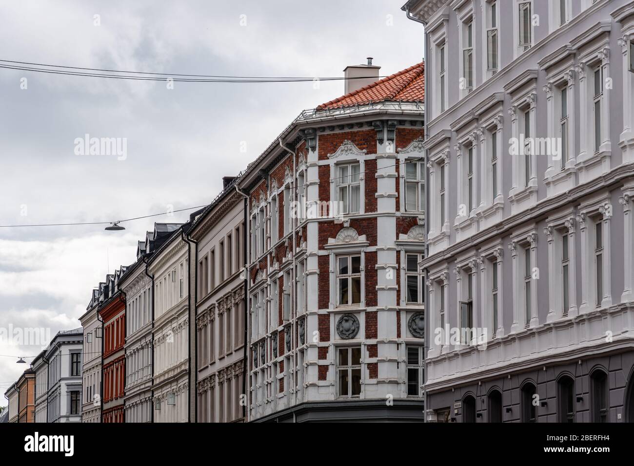 Typical residential buildings in street in in Grunerlokka, a trendy hipster neighborhood in central Oslo. Stock Photo