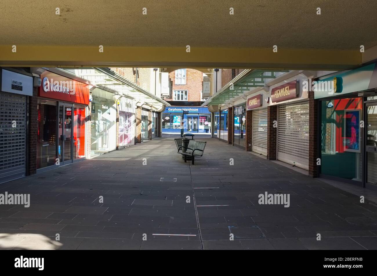 A once busy shopping centre in Salisbury UK now stands empty at 11am on a week day during the coronavirus lockdown. April 14th 2020. Stock Photo