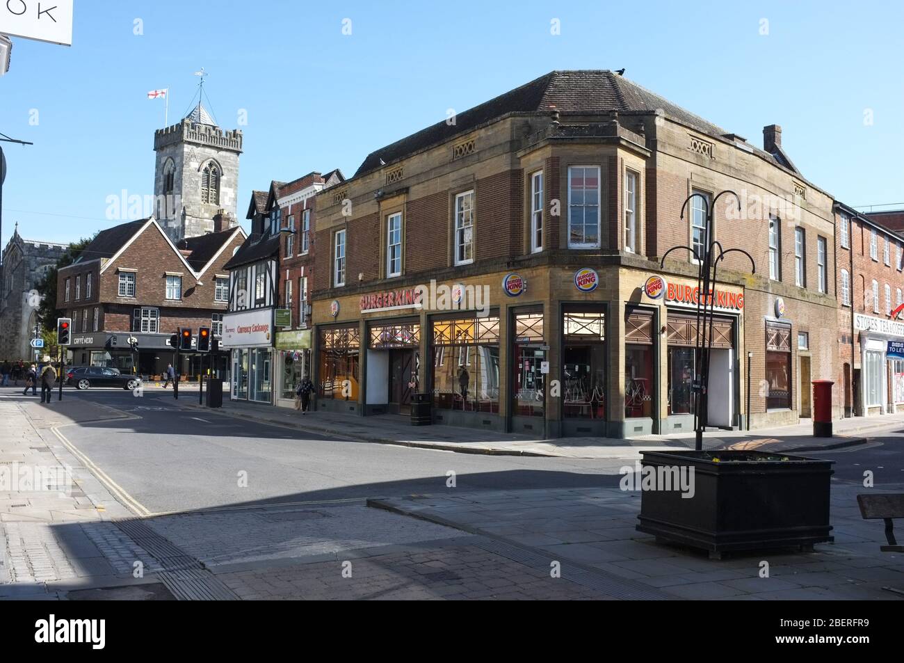 A closed Burger King  and quiet streets during the Covid 19 lockdown in Salisbury UK April 2020. Stock Photo