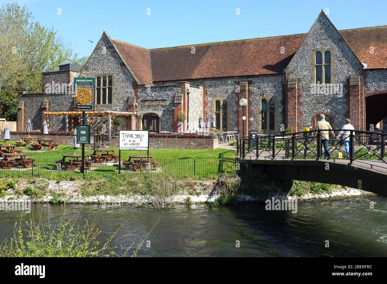 The Bishops Mill pub in Salisbury UK during the coronavirus emergency in April 2020. Note the sign praising key workers during the crisis. Stock Photo