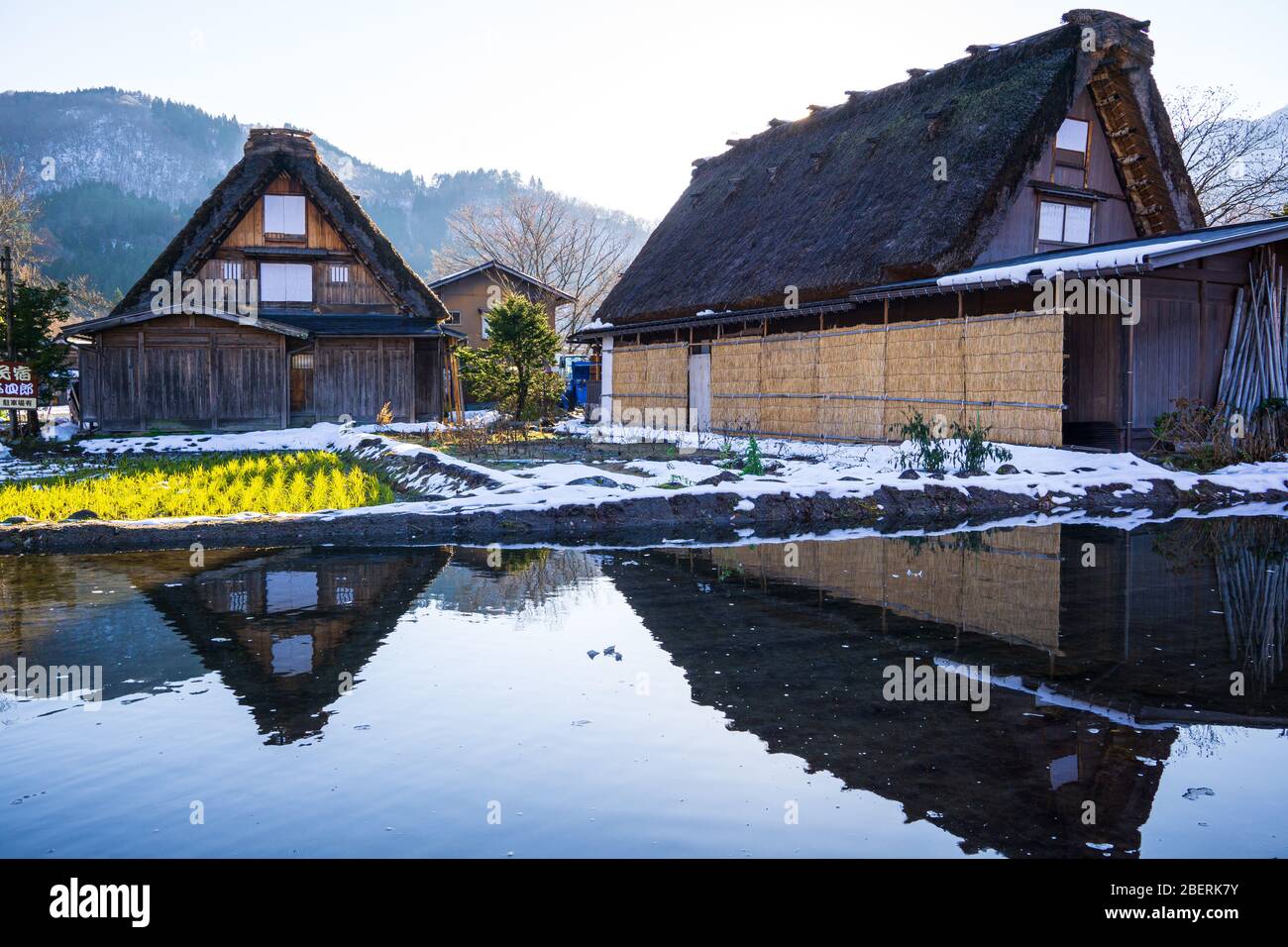 Shirakawa Village had been listed as UNESCO world heritage site in 1995. the farmhouse designed with steep thatched roofs resemble the hands of Buddhi Stock Photo