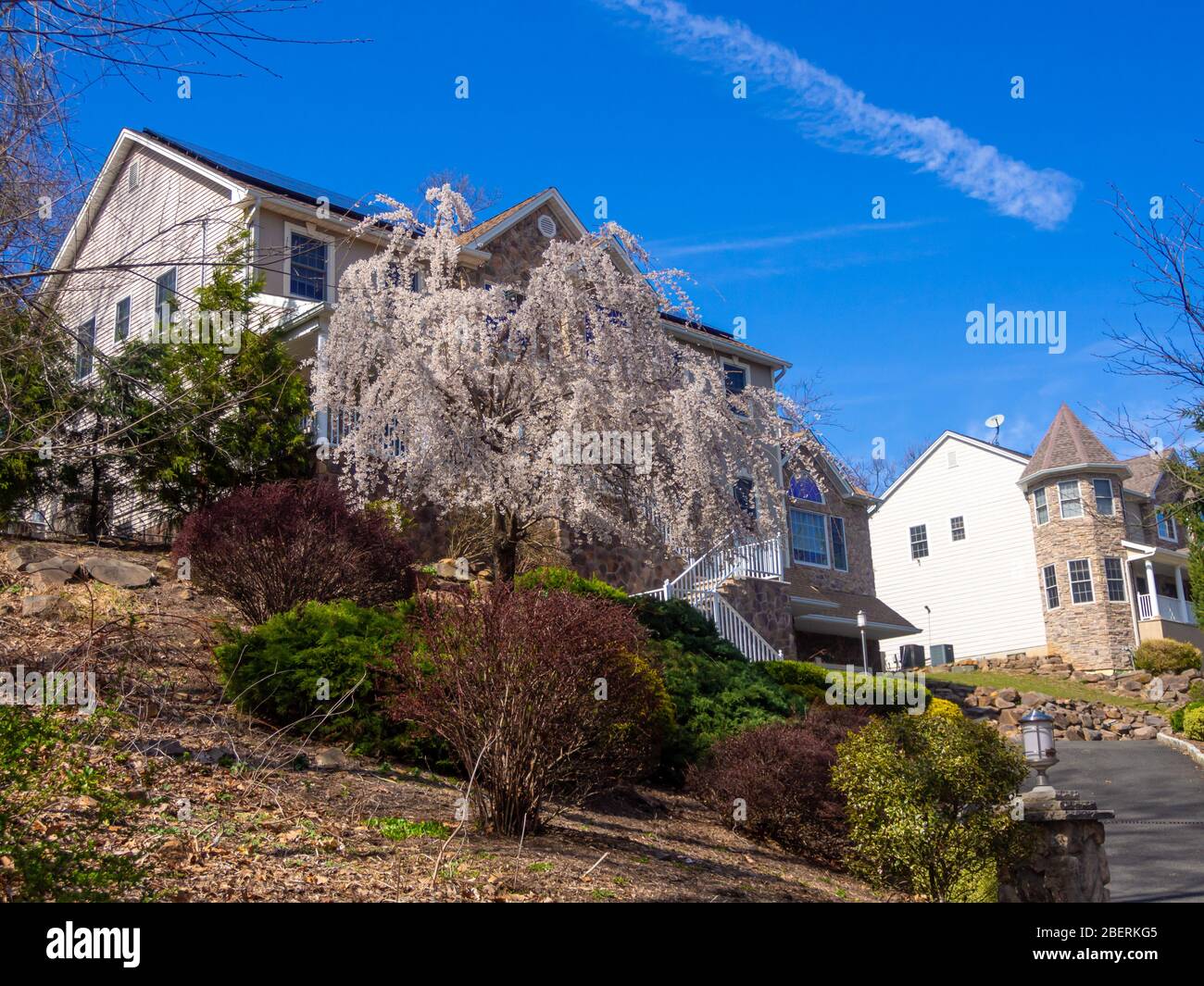 large fancy suburban houses on county road in the spring in New Jersey