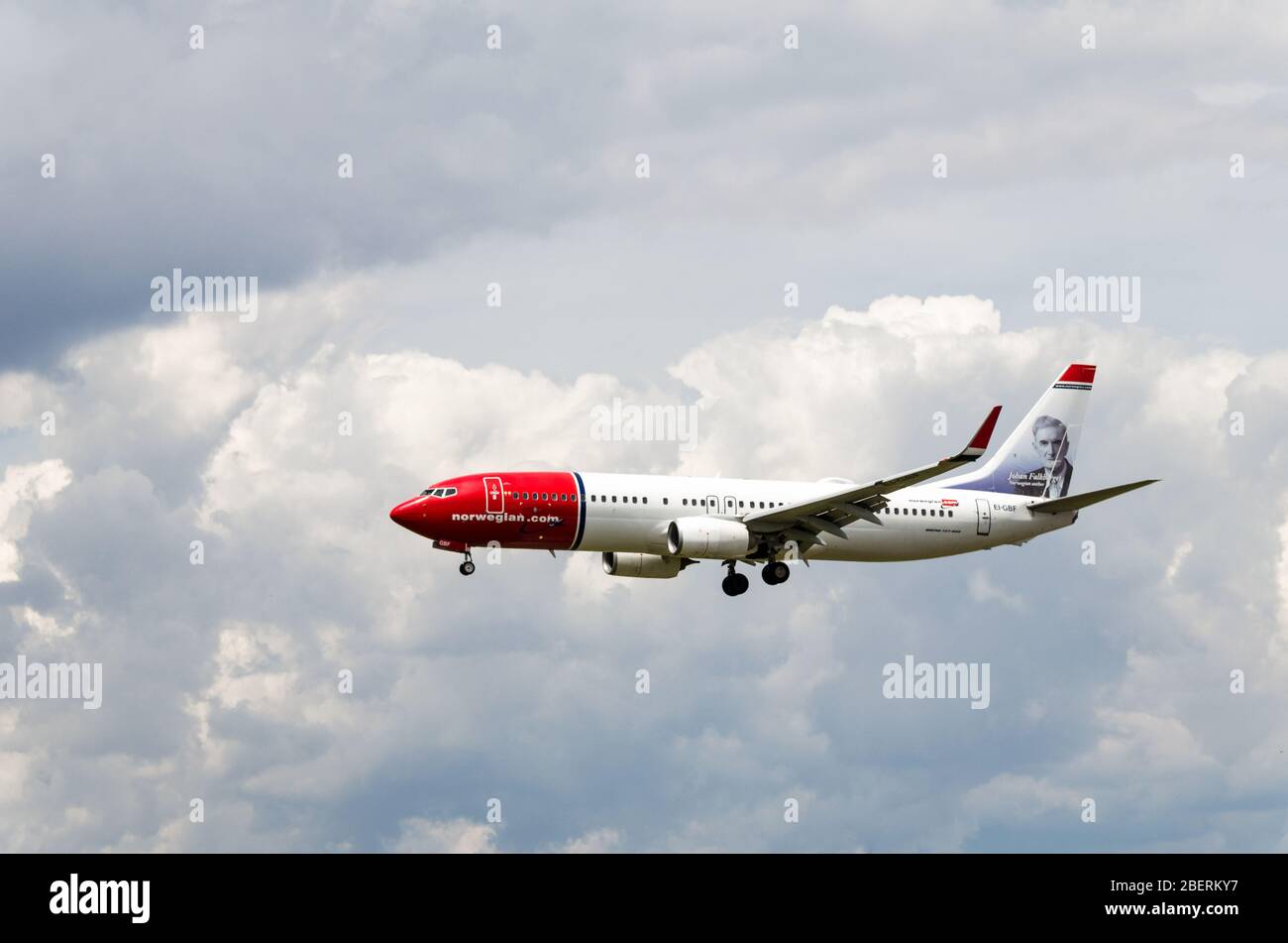 Barcelona, Spain; May 18, 2019: Norwegian plane Boeing 737-8JP, landing at Barcelona's El Prat airport Stock Photo