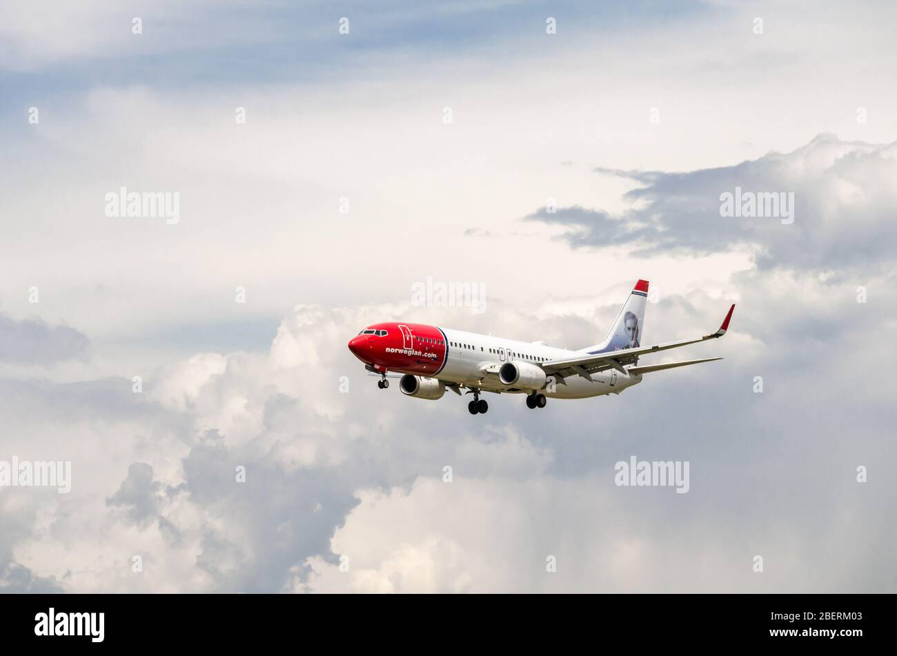 Barcelona, Spain; May 18, 2019: Norwegian plane Boeing 737-8JP, landing at Barcelona's El Prat airport Stock Photo