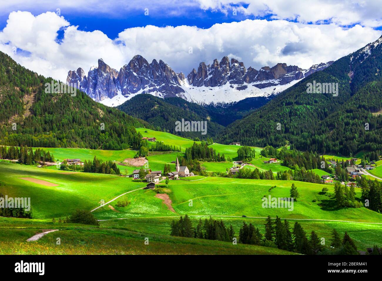 Impressive alpine landscape in Val di Funes,Italy. Stock Photo