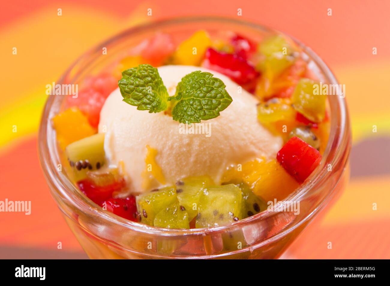 Fresh Fruit Salad with vanilla ice cream Stock Photo Alamy