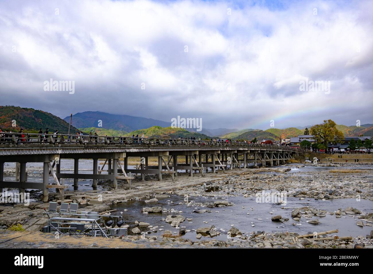 Arashiyama Togetsukyo Bridge was built during the Heian Period (794-1185), and reconstructed in the 1930s crossing the Oi River. Stock Photo