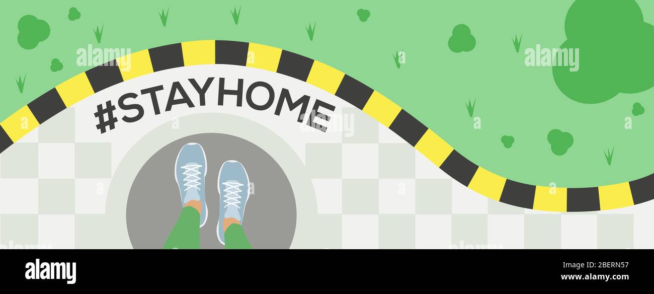 Stay at home slogan with legs in running shoes on the doorstep at exit of house in front of lawn. Protection campaign or measure from coronavirus, COV Stock Vector