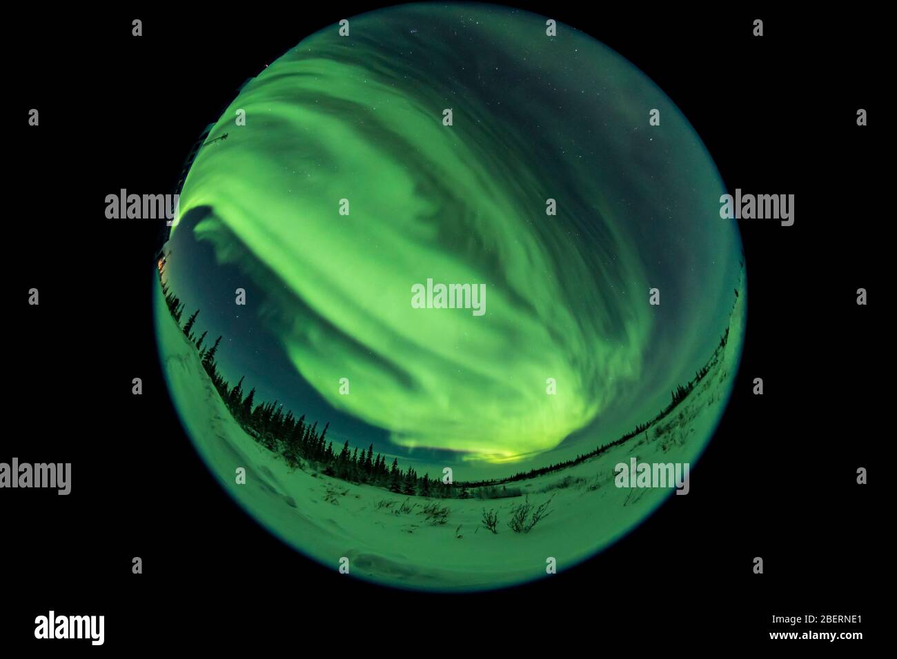 A fish-eye lens view of the all-sky aurora from Churchill, Manitoba, Canada. Stock Photo