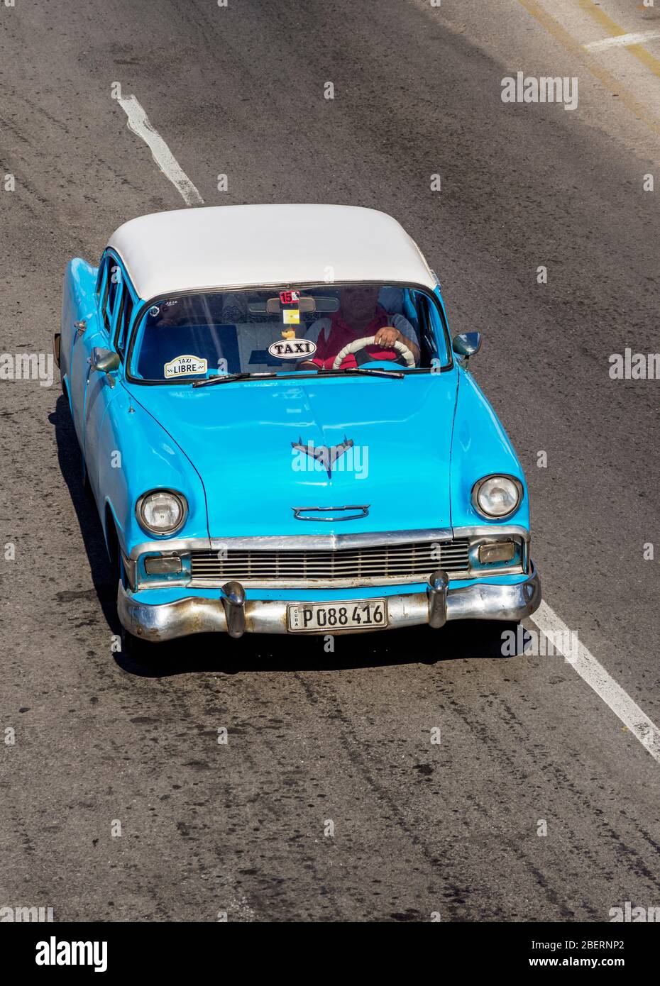Vintage car at San Lazaro Street, elevated view, Centro Habana, Havana, La Habana Province, Cuba Stock Photo