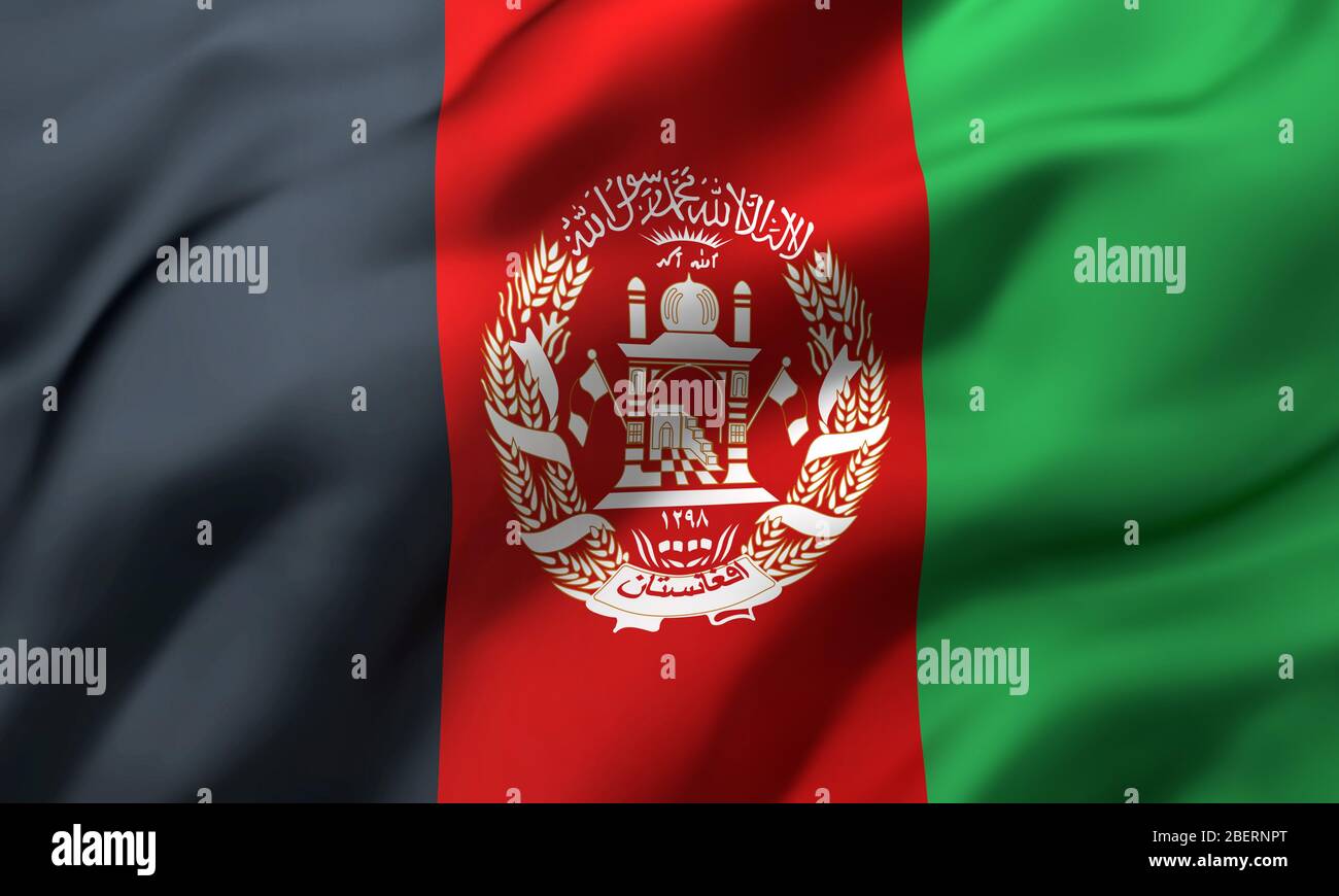 Flag of Afghanistan blowing in the wind. Full page Afghani flying flag. 3D illustration. Stock Photo