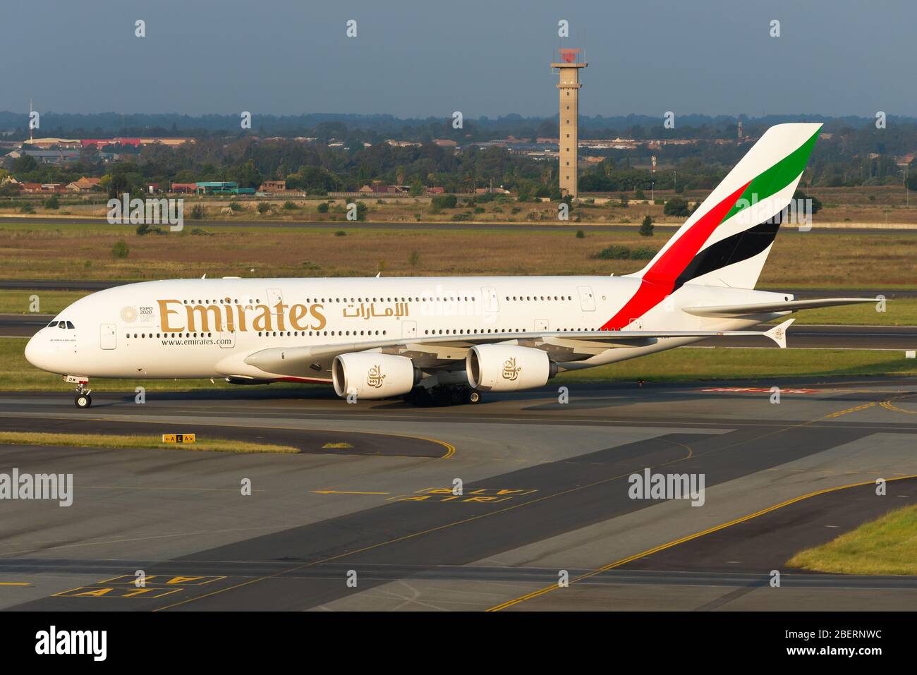 Emirates Airline Airbus A380 taxiing at OR Tambo International Airport in Johannesburg, South Africa. Aircraft registered as A6-EDW. Emirate Airlines. Stock Photo