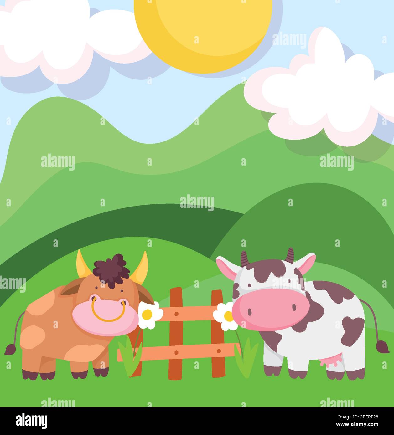 farm animals bull and cow wooden fence flowers hills cartoon vector ...