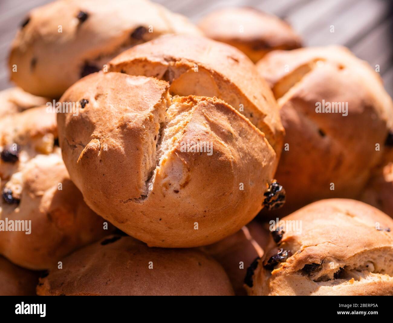 Home made hot cross buns Stock Photo