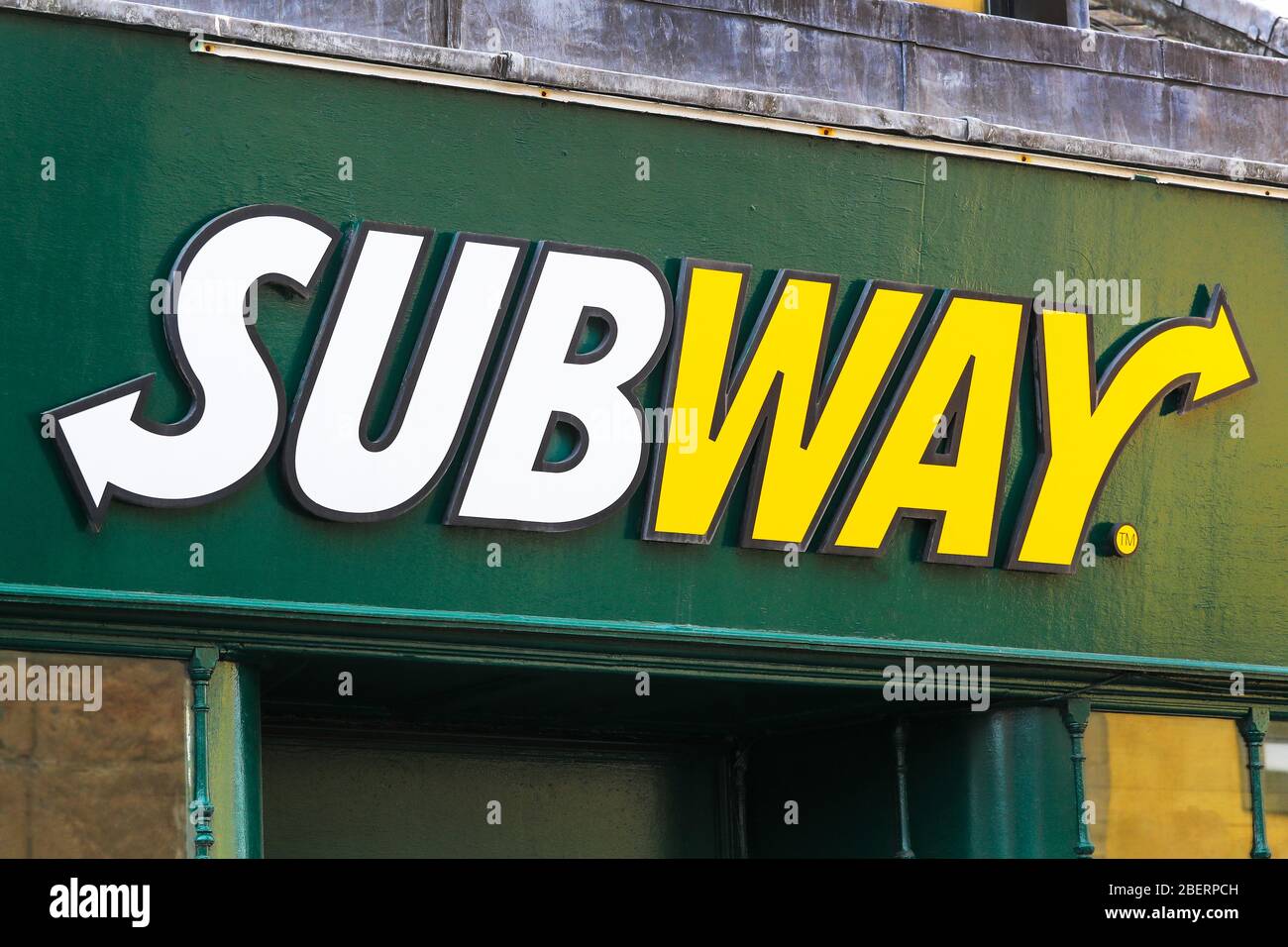 Subway Company logo above a food carryout cafe, Kilmarnock, Ayrshire, UK Stock Photo