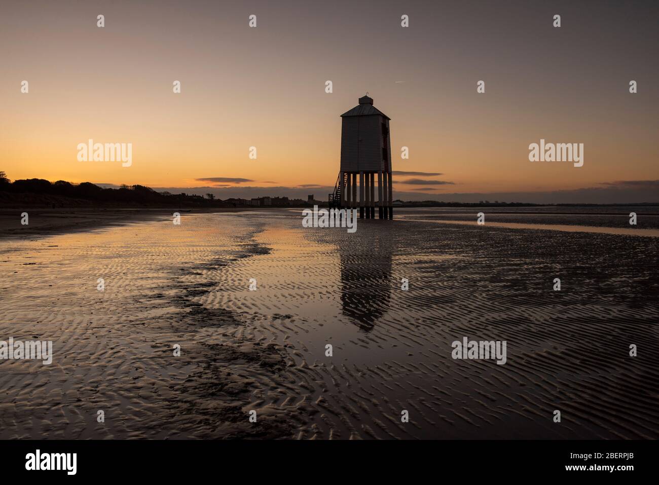 Sunrise at the Low Lighthouse during low tide, Burnham on Sea Somerset England UK Stock Photo