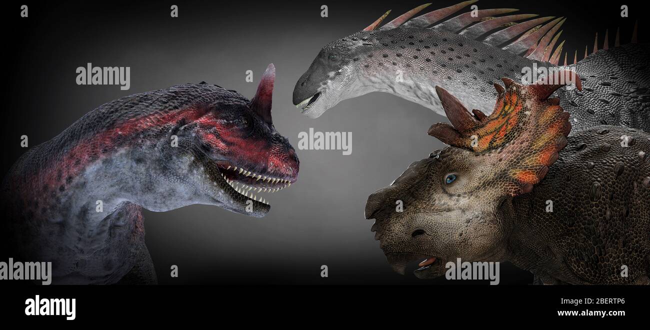 Carnotaurus, Amargasaurus, and Pachyrhinosaurus dinosaurs. Stock Photo