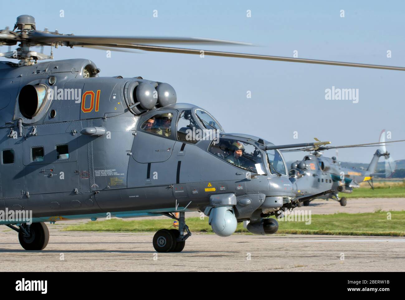 Kazakhstan Air Force Mi-35 taxiing at Dyagilevo Air Base, Russia. Stock Photo