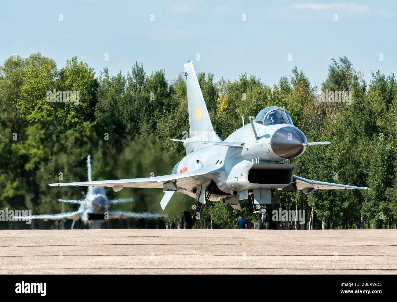 Chinese Air Force J-10A taxiing at Dyagilevo Air Base, Russia. Stock Photo