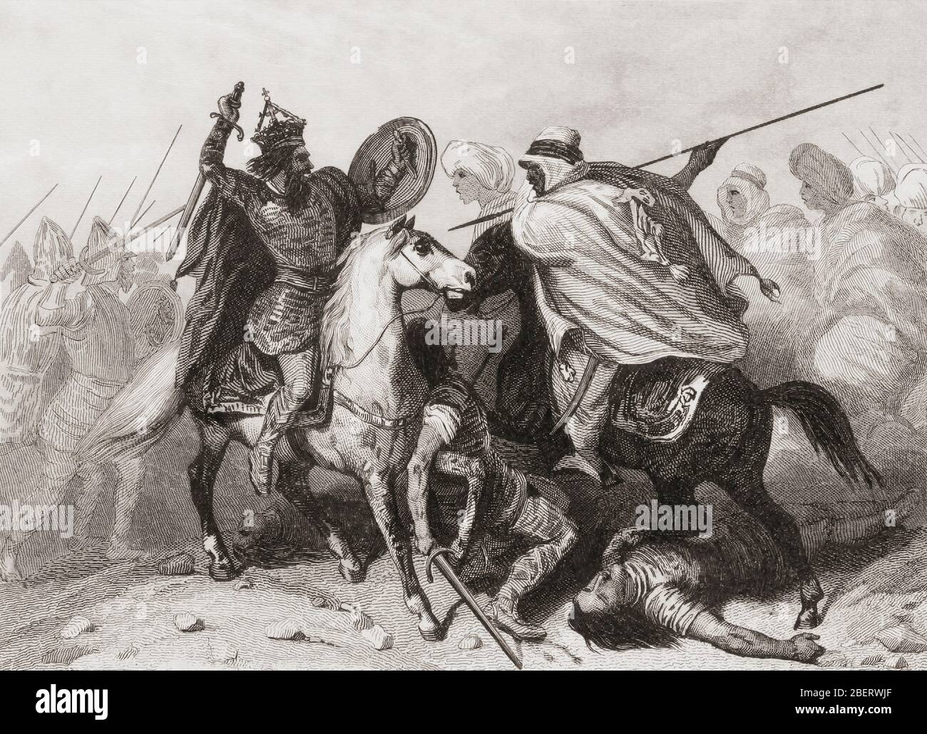 The Battle of Guadalete,  711 AD.  The Muslim Umayyad Caliphate, defeated the Christian Visigoths.  From Las Glorias Nacionales, published in Madrid and Barcelona, 1852.  The picture shows King Roderic fighting a Muslim soldier. Stock Photo