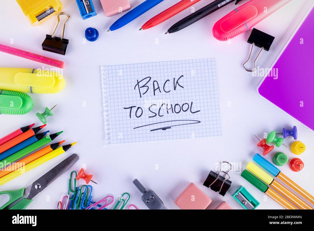 School supplies on white background. Back to school concept Stock Photo ...