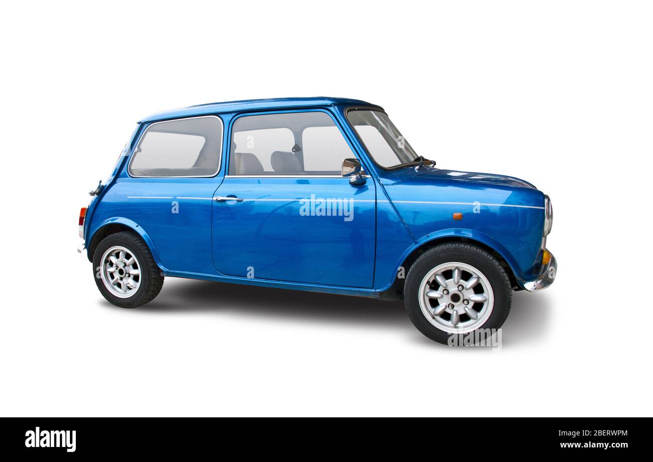 Blue classic British mini car side view isolated on white Stock Photo