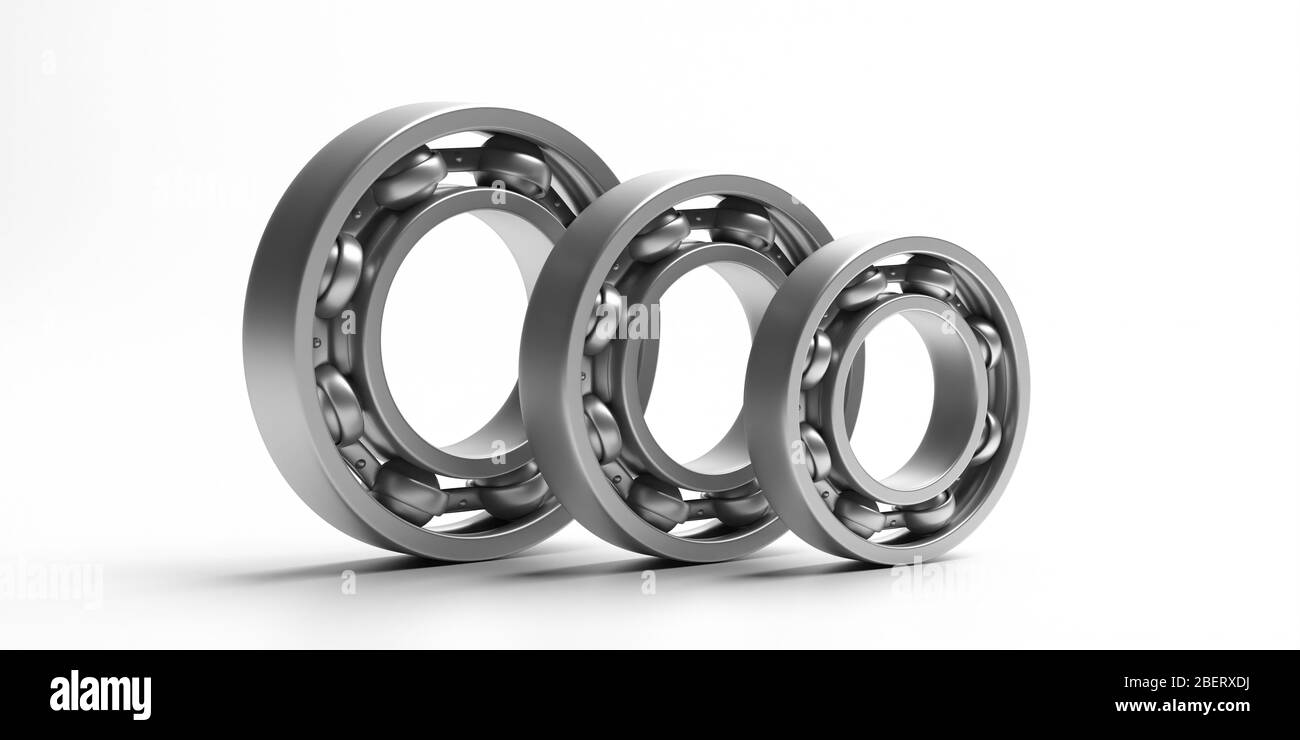 Ball bearings. Steel metal industrial spare parts, various sizes isolated on white background. Machinery, engine mechanism, engineering concept. 3d il Stock Photo