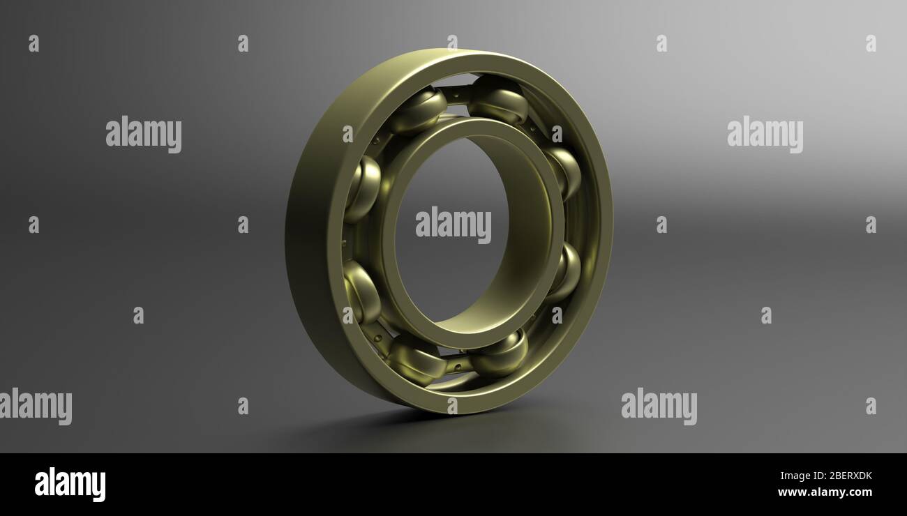 Ball bearing. Gold metal industrial spare part on black background. Machinery, engineering concept. 3d illustration Stock Photo