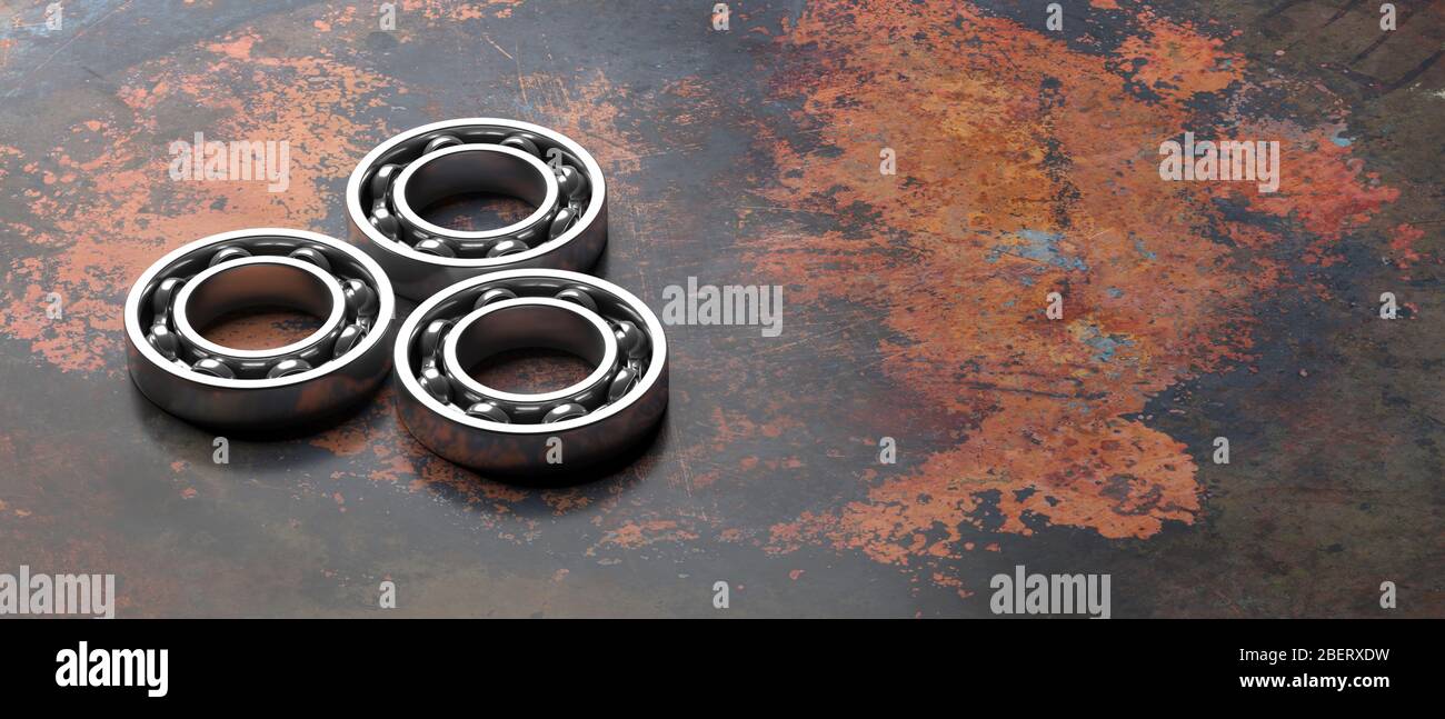 Ball bearings. Steel spare parts on industrial rusty metal background. Machinery, engineering concept. 3d illustration Stock Photo