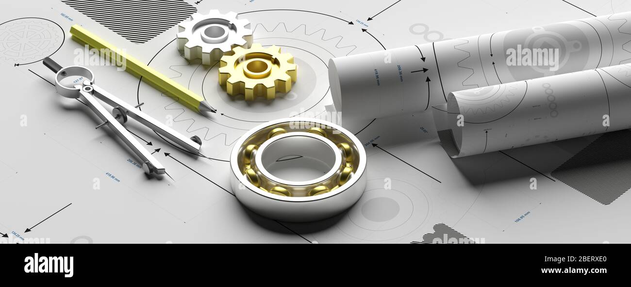 Mechanical engineering, industrial plan design concept. Engineering tools on technical drawings background. 3d illustration Stock Photo