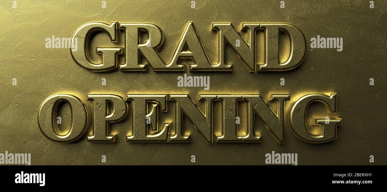 Grand opening, inauguration concept. Inflated gold color text on luxury golden background, texture, banner. 3d illustration Stock Photo