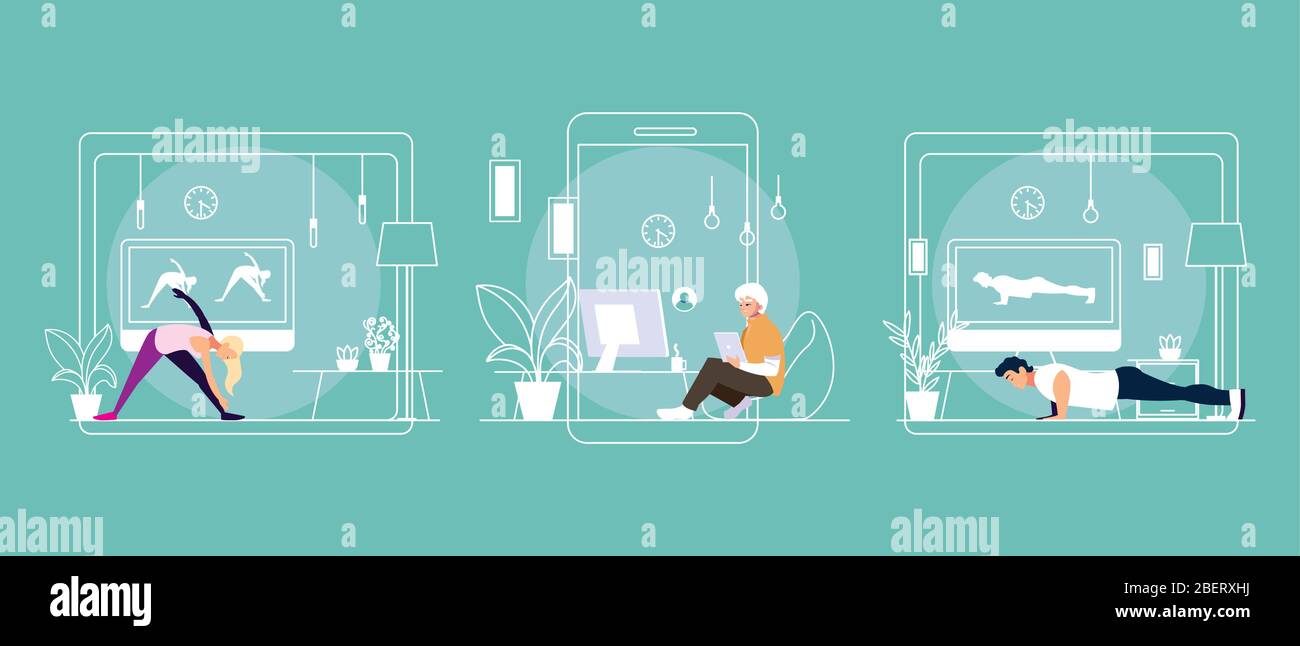 set of cards with people in online activities vector illustration