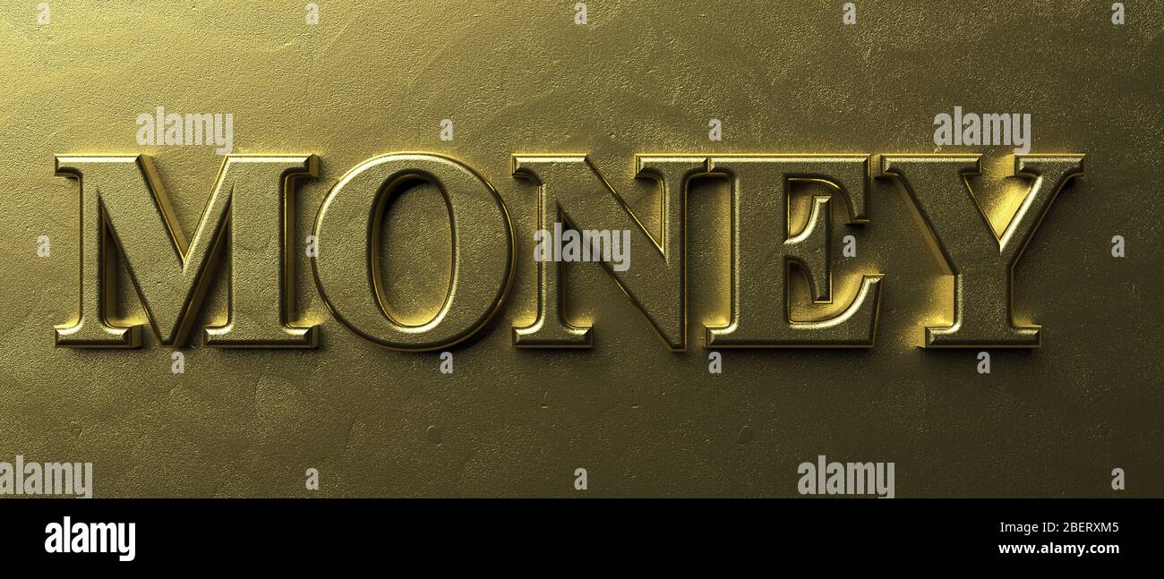 Money word, wealth message. Economy concept. Inflated gold color text on luxury golden background, texture, banner. 3d illustration Stock Photo
