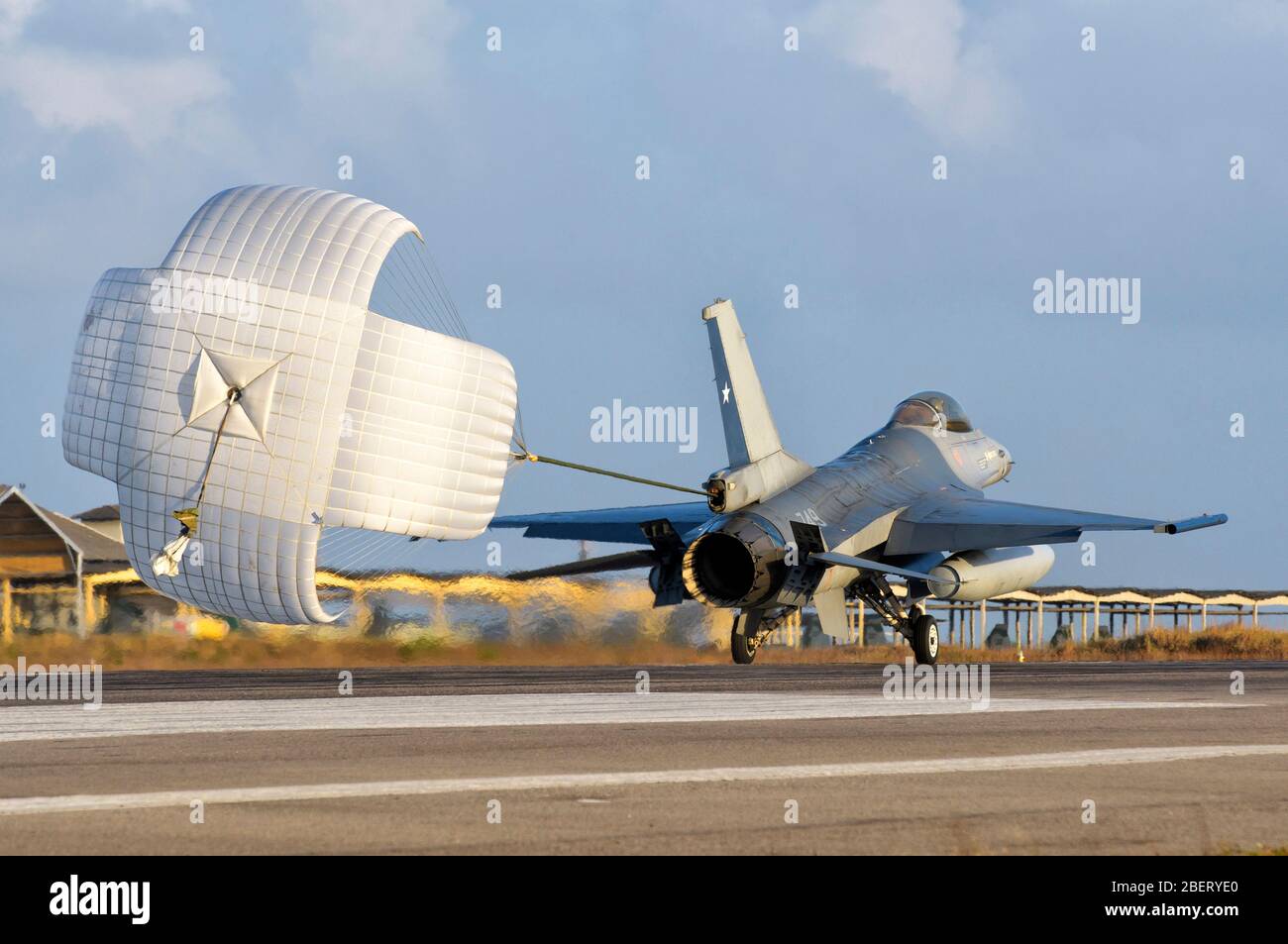 Chilean Air Force F-16 deploying its drag chute. Stock Photo