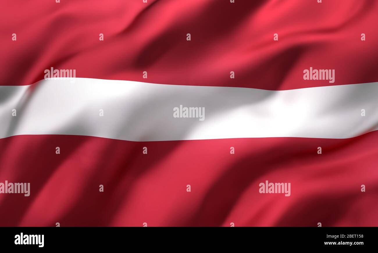 Flag of Latvia blowing in the wind. Full page Latvian flying flag. 3D illustration. Stock Photo