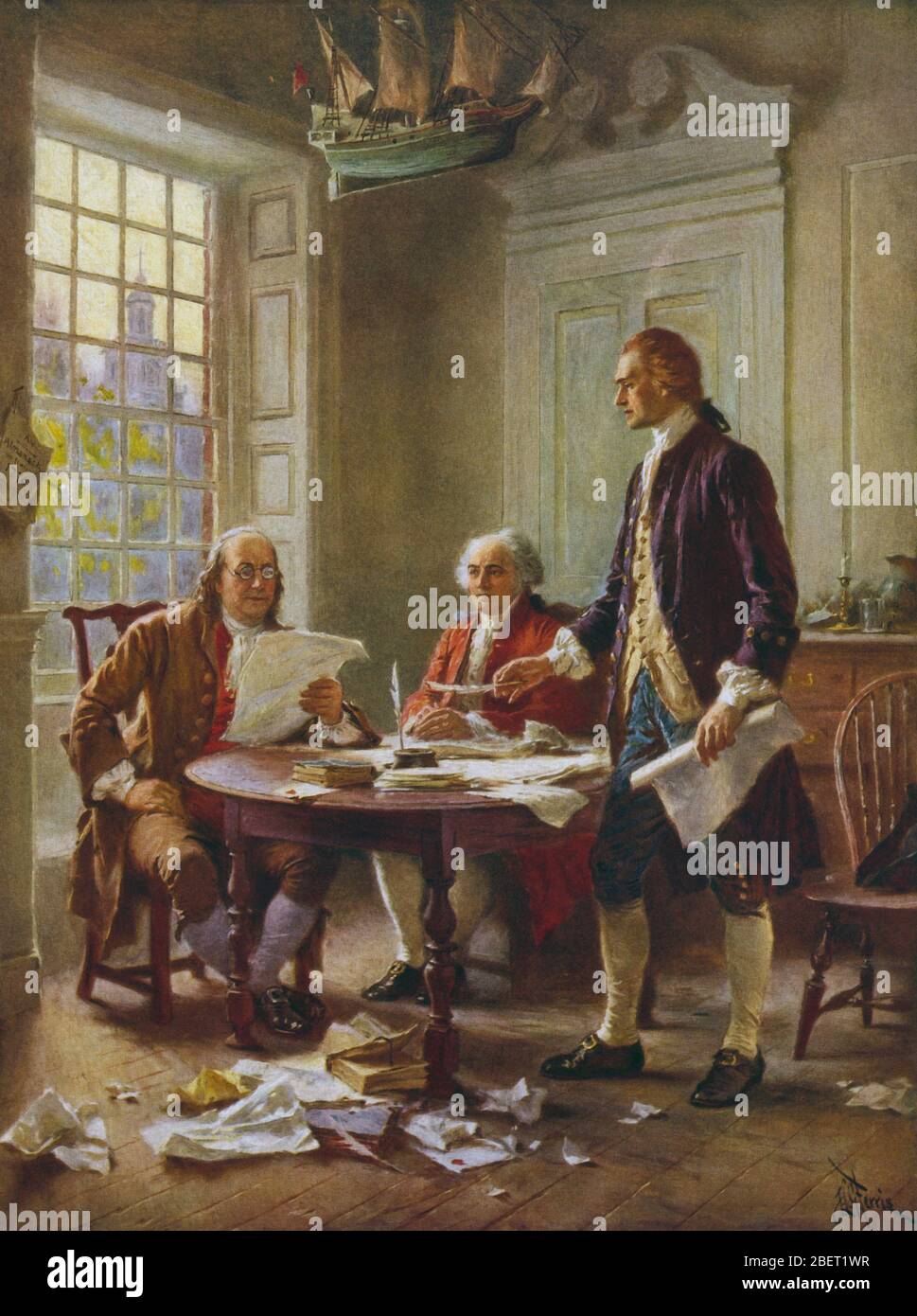 Vintage painting of the writing of the Declaration of Independence. Stock Photo